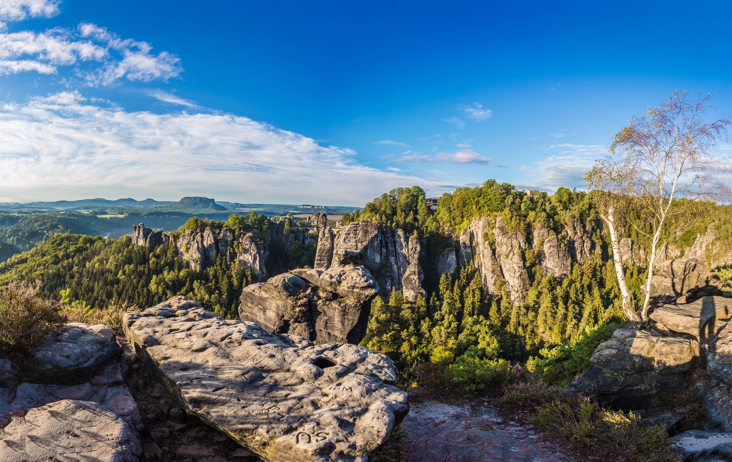 Die Bastei am Morgen. Die Aussicht auf die Felsen vom Wehlgrund ist imposant.