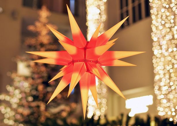Moravian Star A moravian star made of paper hanging from the ceiling